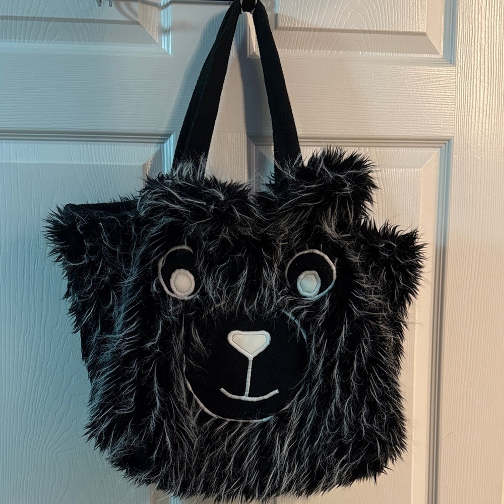 Black Furry Animal Face Tote Bag